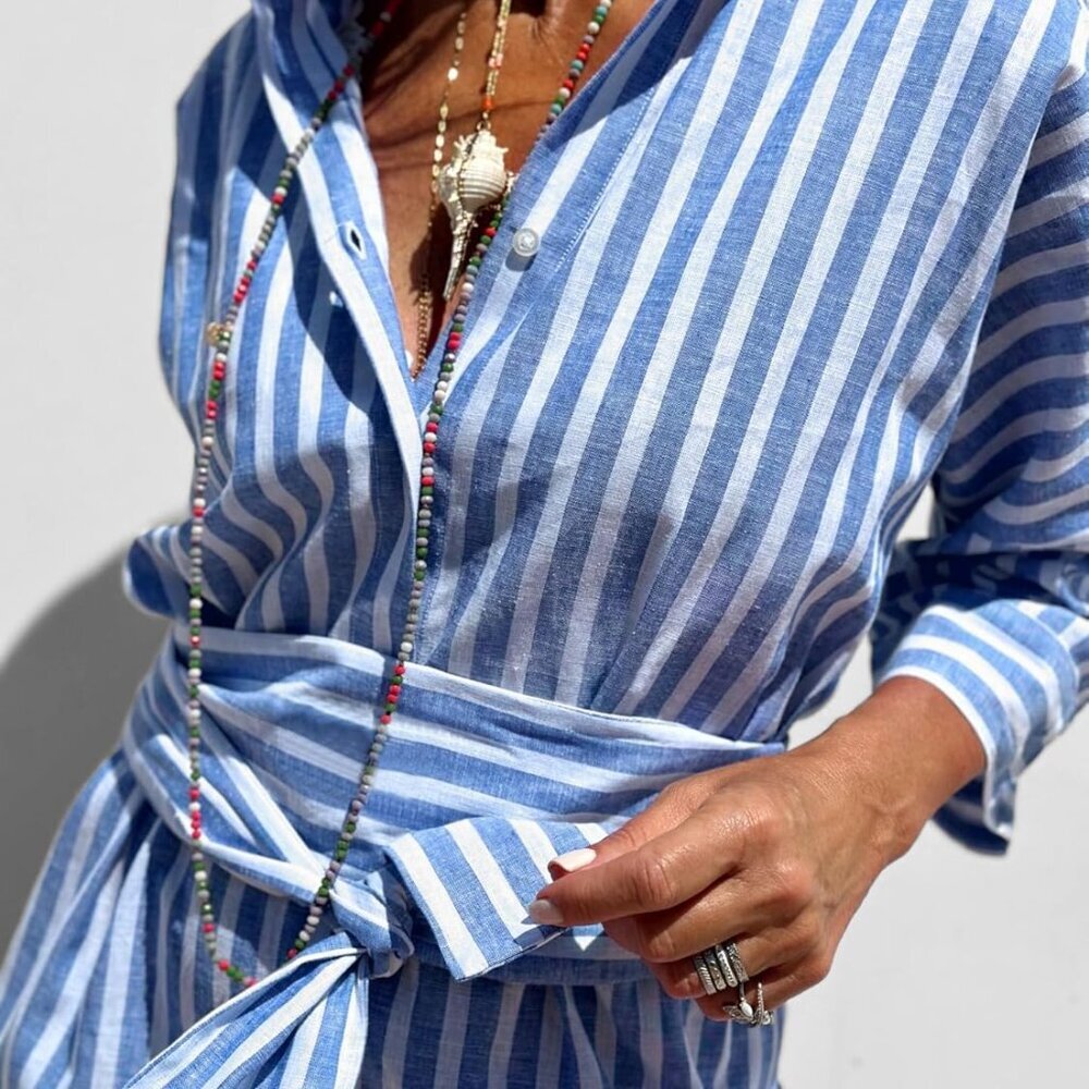 Women's Cotton Maxi Shirt Dress Blue Striped Casual 3/4 Sleeve Belted - Picture 6 of 6